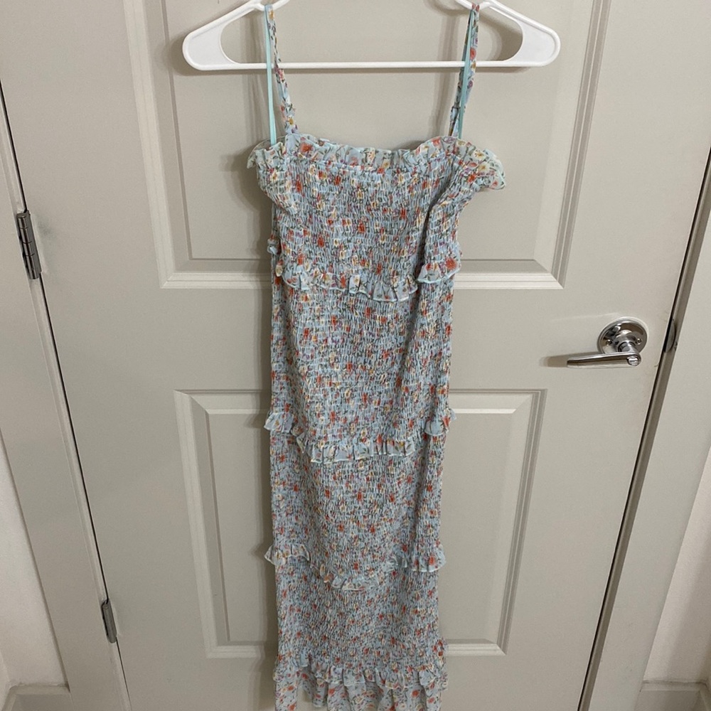 Mable Smock Ruffle Dress in Baby Blue Floral